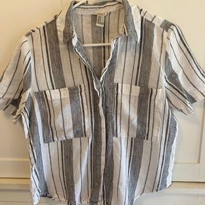 White & Grey Stripped Short Sleeve Blouse